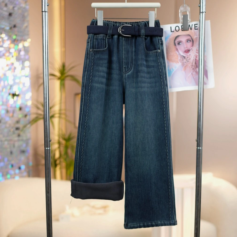 女童窄版裤子加绒新款春秋牛仔裤儿童秋冬直筒裤中大童休闲阔腿裤