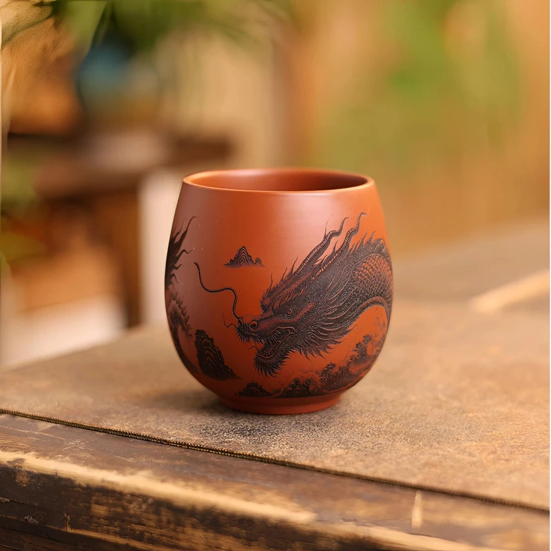 紫砂茶杯手工雕刻精工原矿紫泥朱泥大红袍大容量主人杯品茗杯礼盒