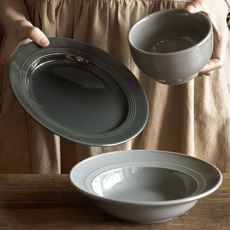 北欧风轻奢陶瓷碗盘餐具家用草帽碗圆形大盘西餐盘菜碗米饭碗汤碗