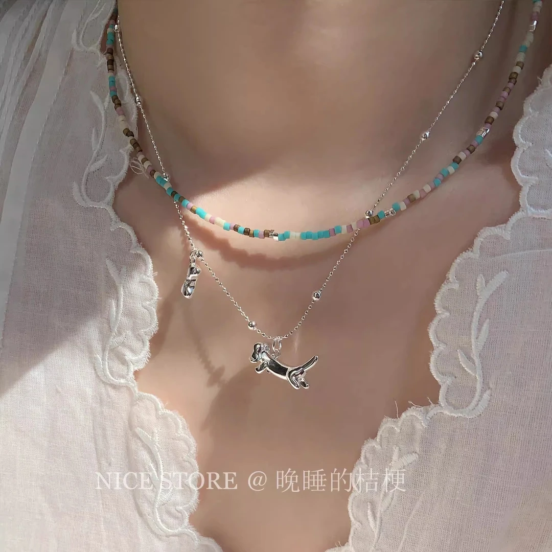 合金项链 晚睡的桔梗「可爱小斗」夏日小清新叠戴项链多巴胺少女