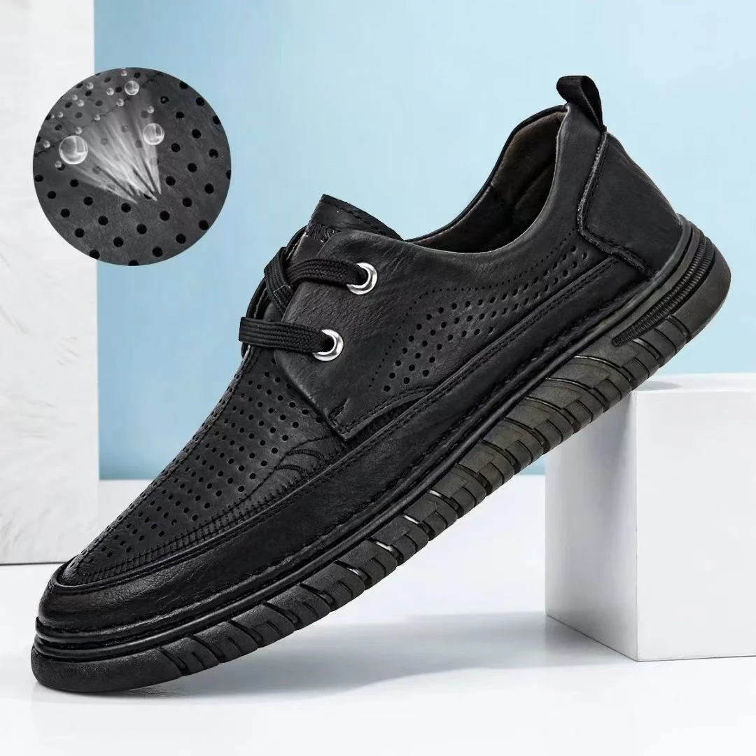 2025夏季新款透气休闲皮鞋男士百搭真皮软底软面舒适防滑驾车鞋子