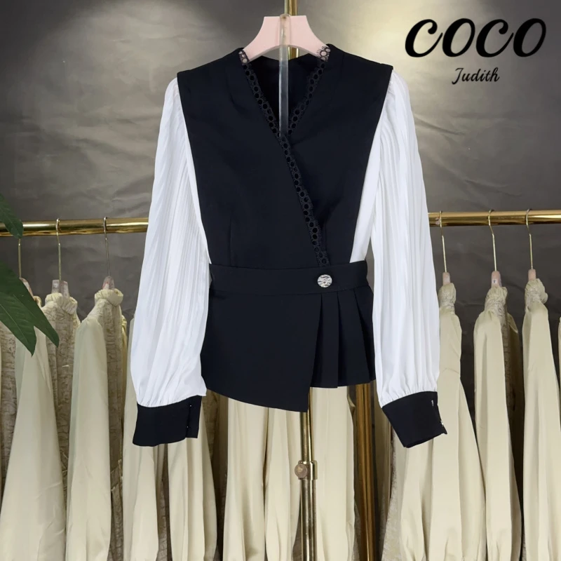 【RG1550】2025年新款气质长袖时尚休闲春季假两件拼接显瘦上衣