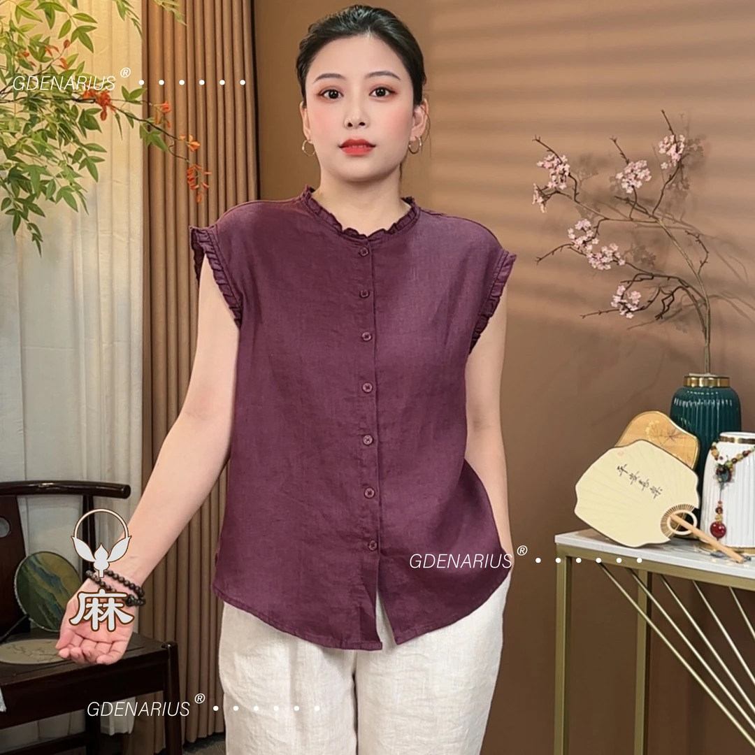 夏季亚麻花边领净版无袖衬衫舒适好穿易打理轻薄透气宽松上衣930