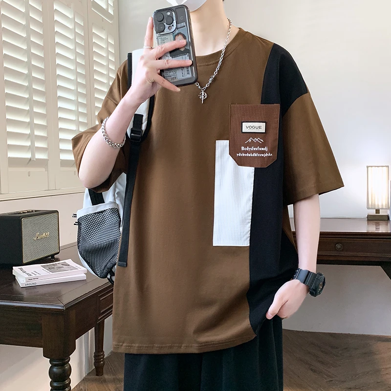 拼接短袖男2025新款夏季圆领t恤青少年帅气男半袖上衣服休闲体恤