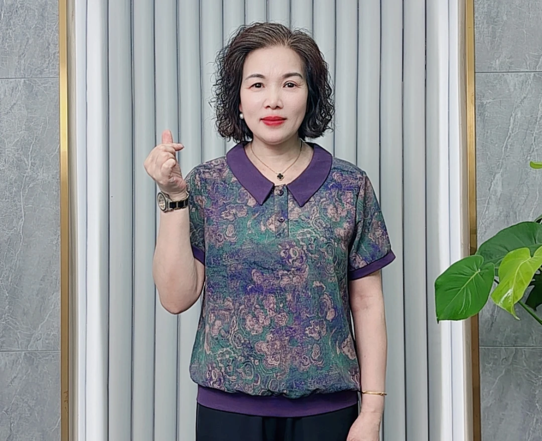 中老年女装2025夏季新款时尚翻领碎花上衣休闲百搭大码短袖T恤衫