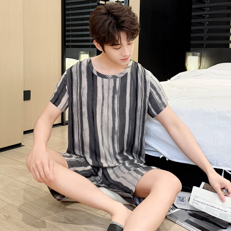 青少年棉绸睡衣男童夏季薄款短袖短裤初中生家居服人造棉套装大码