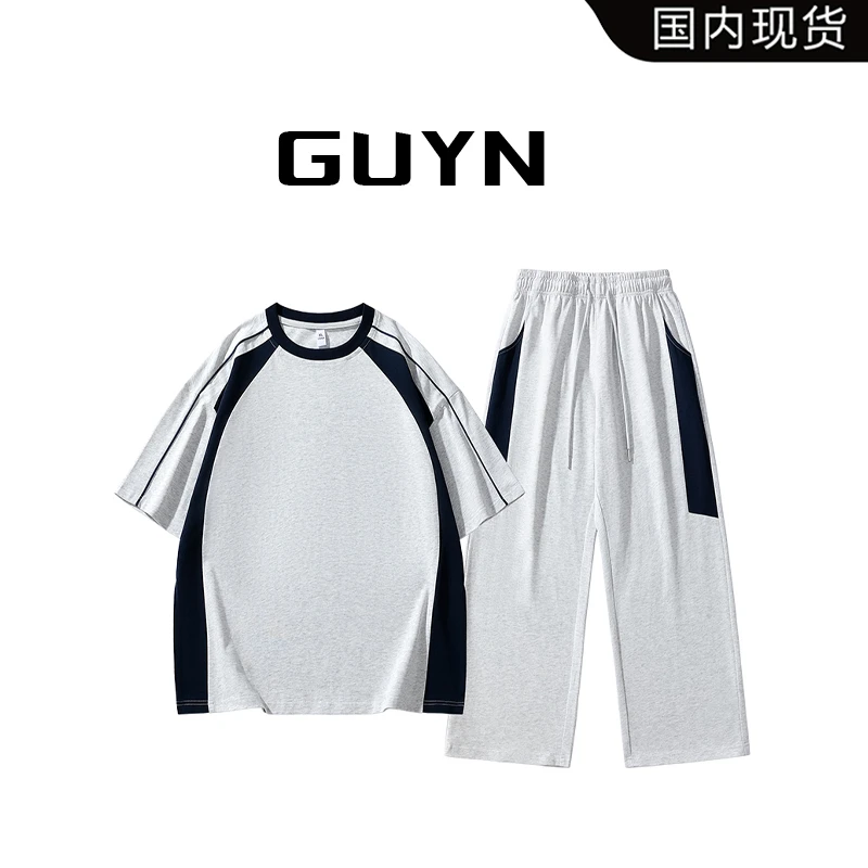 【品牌现货】GUYN美式复古条纹拼接撞色圆领短袖T恤五分裤休闲套装