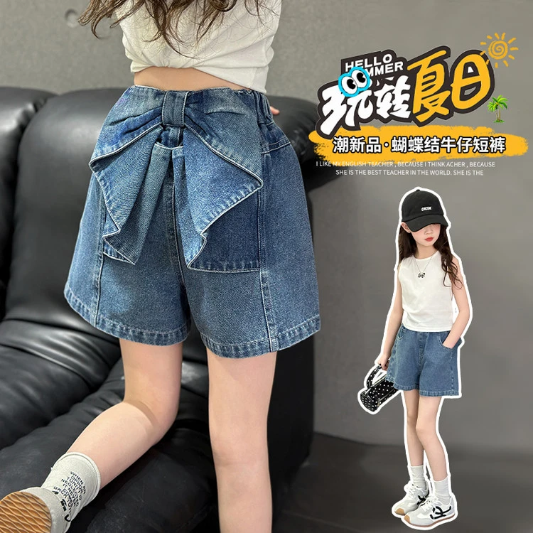 女童夏装牛仔短裤2025新款洋气儿童夏季蝴蝶结裤子女孩大童五分裤