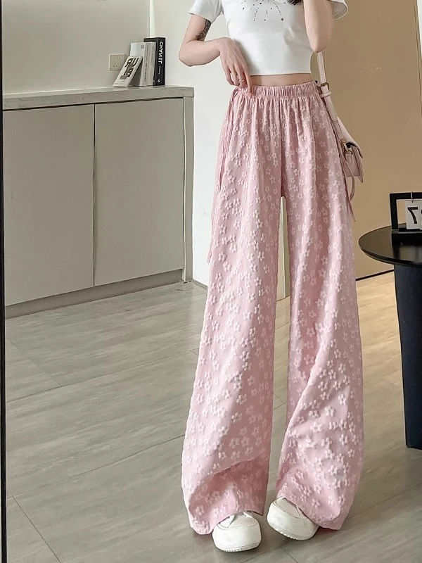300斤大码粉色花朵阔腿裤高腰垂感直筒裤女新款百搭宽松休闲裤ins
