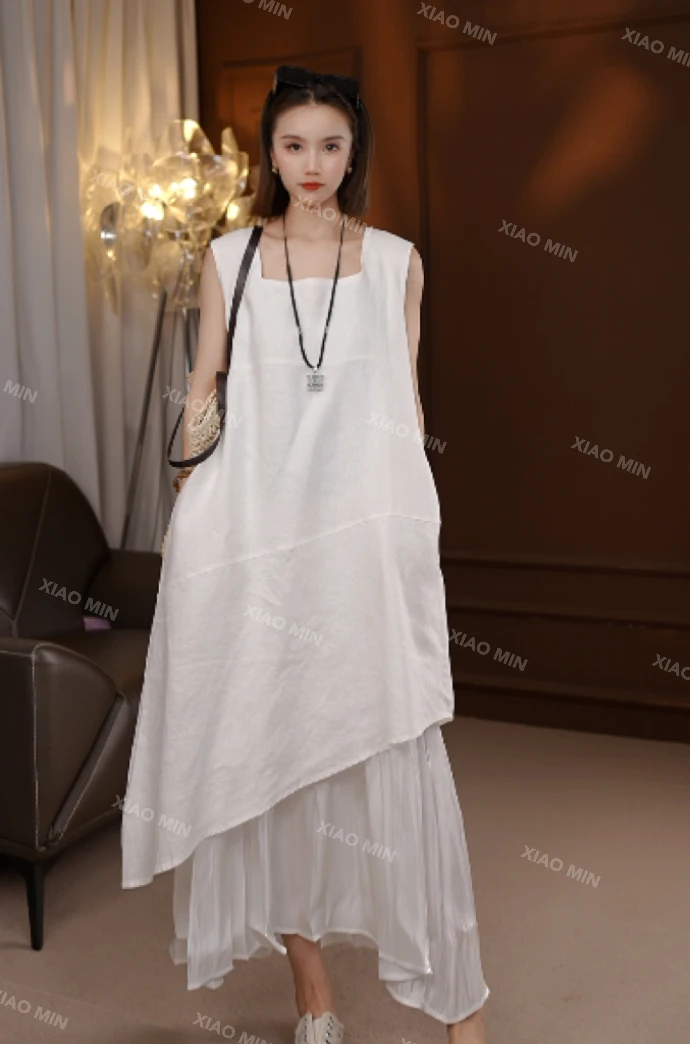 2025夏季新款欧韩100%汉麻设计感拼接鱼尾连衣裙女26005