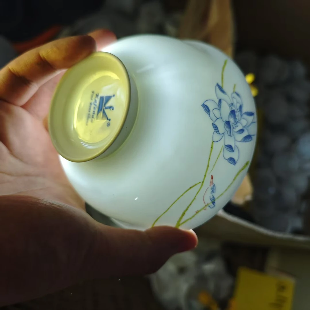 A349③】玉兰花4.75英寸白瓷高脚碗4/6只唐山骨瓷手绘瓷碗陶瓷大碗