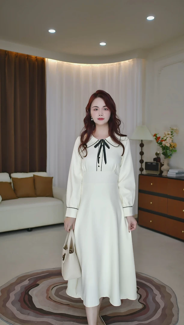 6410法式温柔蝴蝶结连衣裙高级收腰显瘦修身气质中长款A字裙女