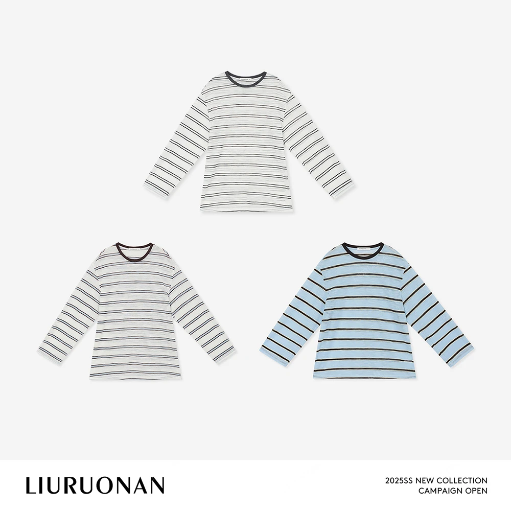 LIURUONAN 25SS【慵懒宽松T恤】夏季撞色圆领长袖条纹套头上衣女