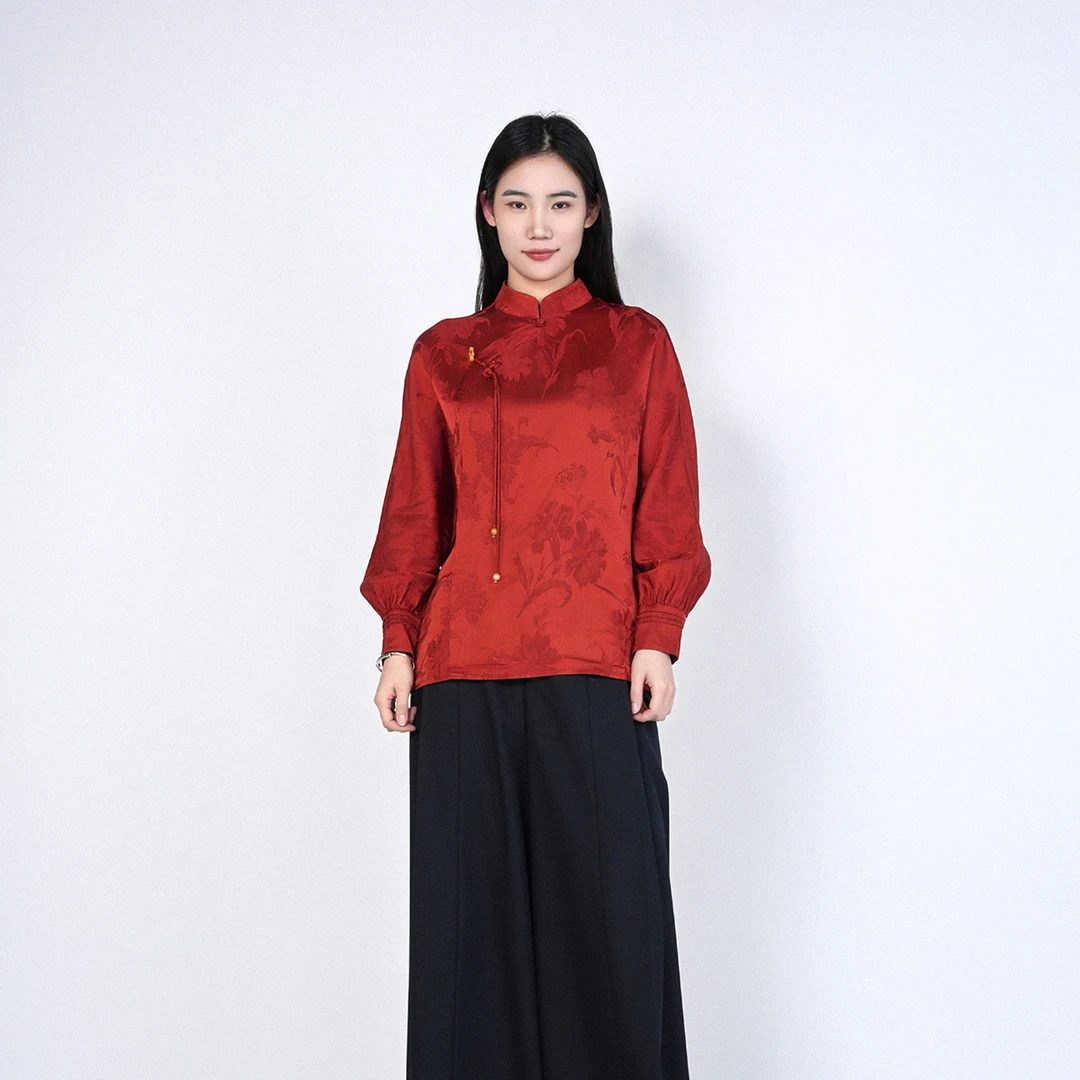春夏季国风立领长袖手工盘扣提花百搭气质女士瑶镜衬衫HASS180037