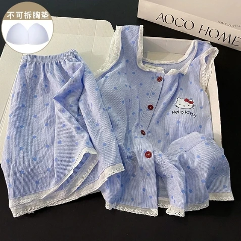 【奶萌kitty】夏季薄款透气亲肤睡衣套装女带胸垫可外穿甜美家居服
