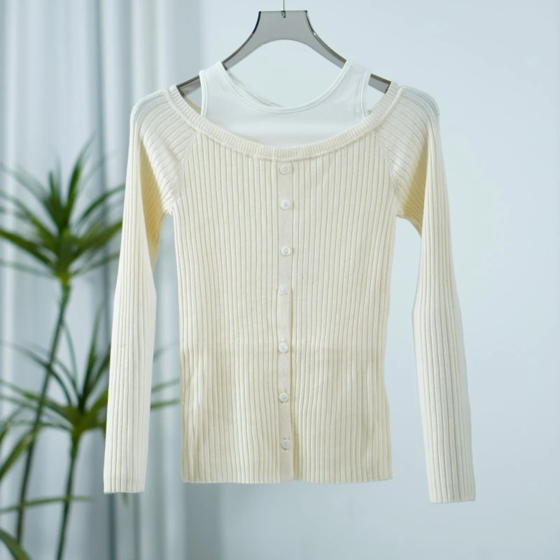 尚系列  Y353-5  女装设计师小心机漏肩针织上衣米白色FW10Y18