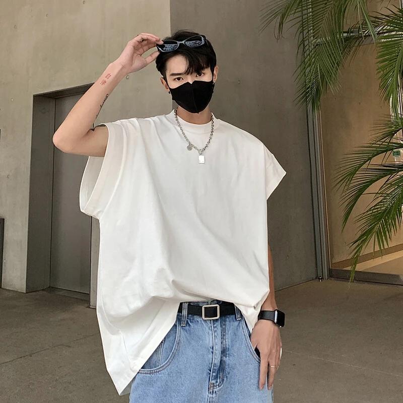 美式重磅三分袖t恤男款夏季潮牌无袖运动健身背心小领口坎肩短袖