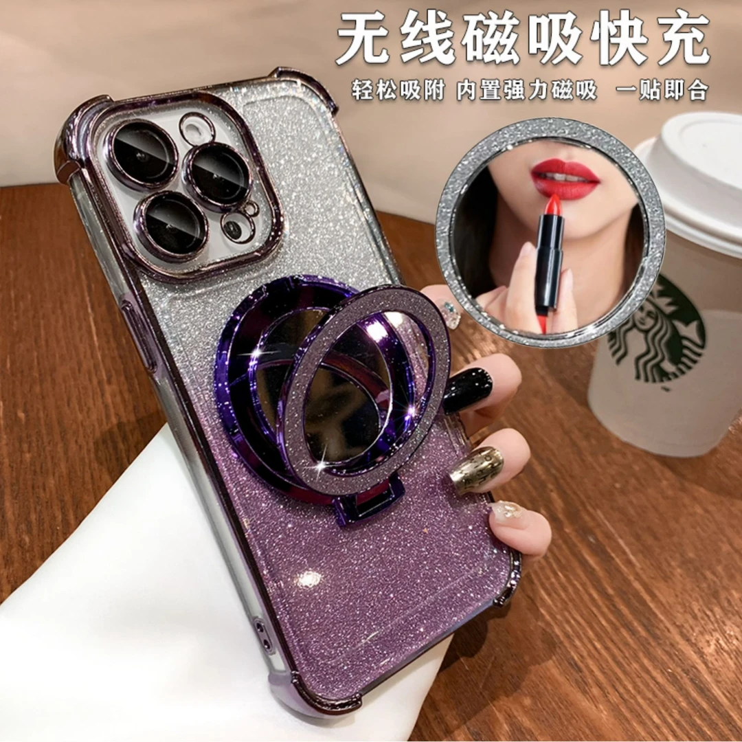 适用苹果16ProMax闪粉15Plus高级电镀四角气囊防摔镜面支架手机壳