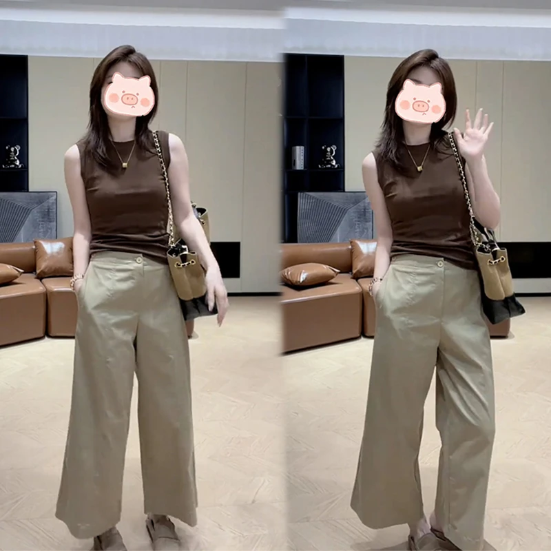 2025超火夏装一整套轻奢高级感设计又酷又飒咖色T恤两件套装裤女