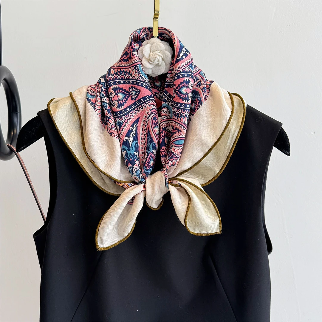 时尚百搭丝巾女复古百搭腰果花真丝羊毛发带春夏季薄款领巾双面绑
