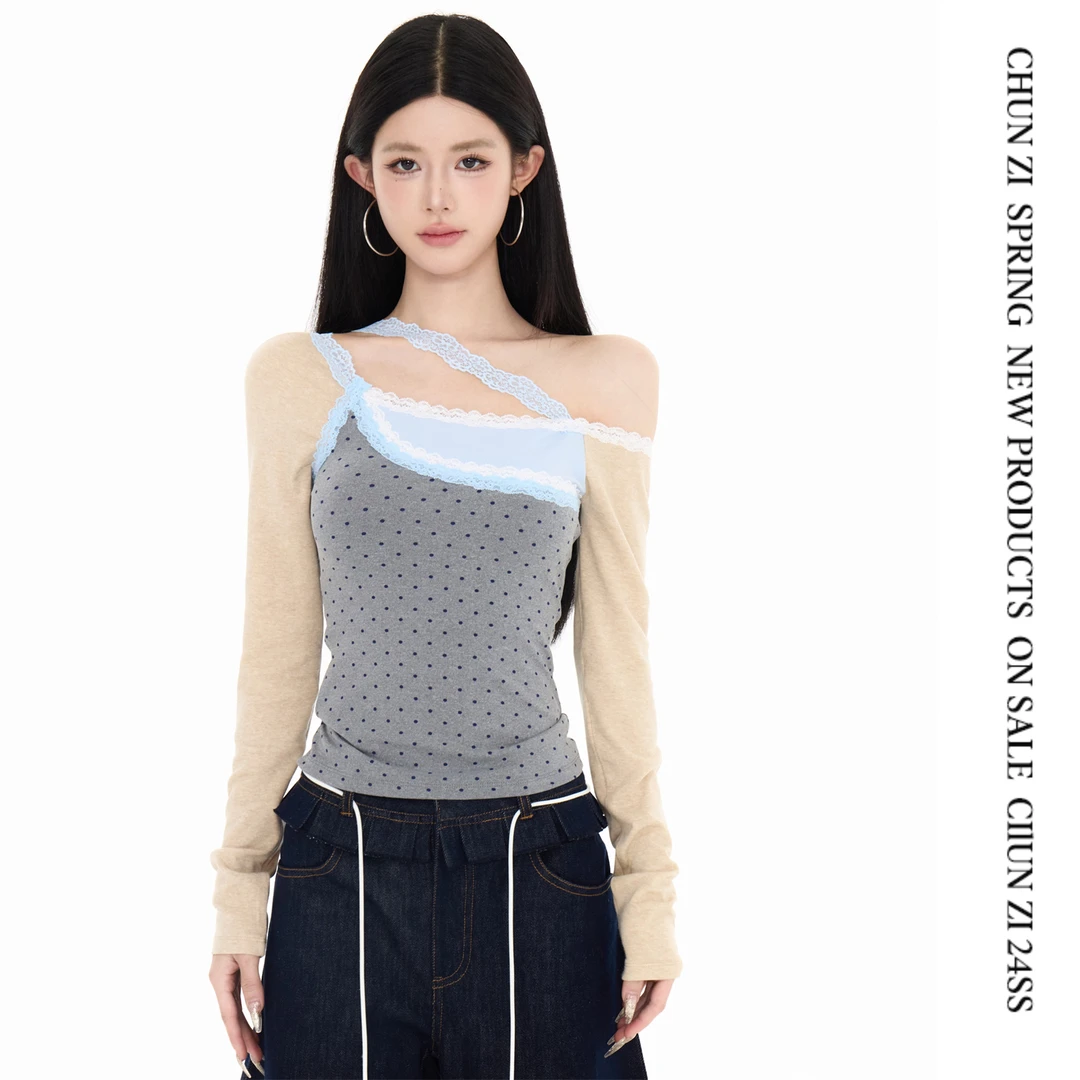 【CHUN ZI】氛围感撞色蕾丝边拼接波点长袖T恤2025春气质上衣