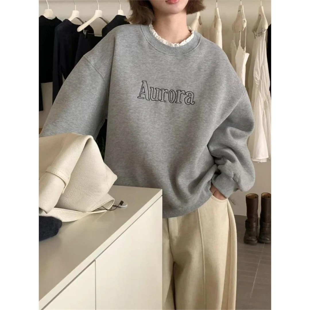 韩系秋冬新款韩版时尚百搭圆领字母印花宽松休闲加绒卫衣女上衣