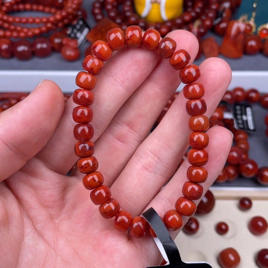 南红玛瑙未镶嵌其他7.7mm瓦西玫红火焰纹原矿手串