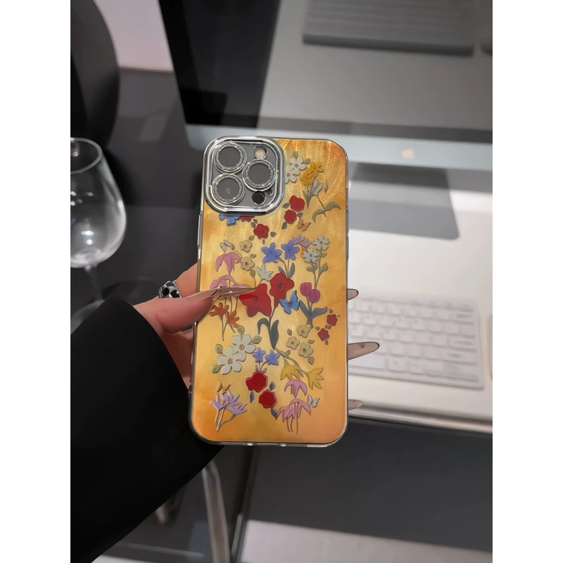 复古水彩花朵适用苹果17pro手机壳16精孔羽纱荣耀华为p防摔小米15