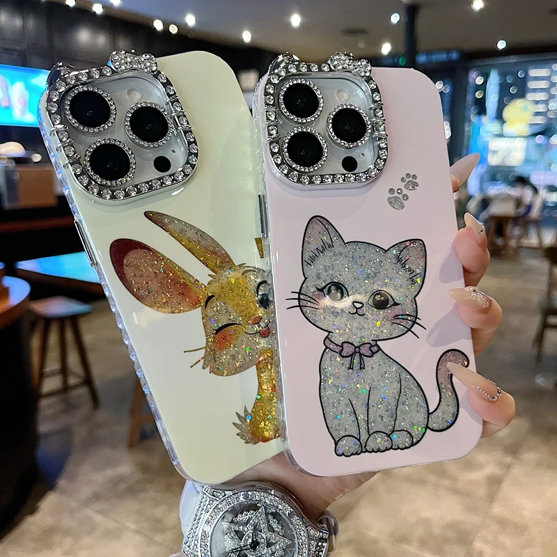 适用苹果系列iPhone16新款手机壳粉底坐姿猫咪满边钻框闪钻镜头