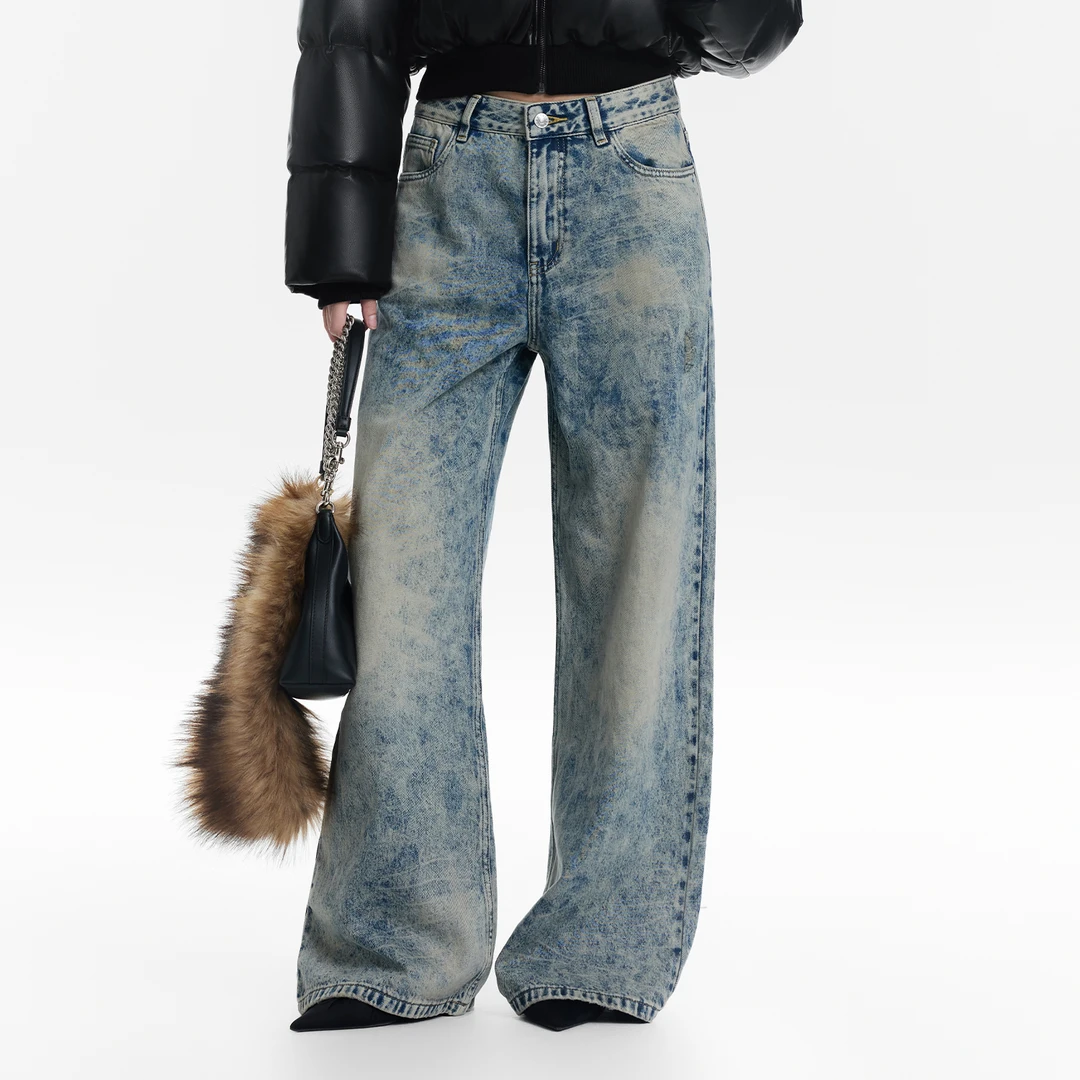 CALLED BACK秋季新款潮流辣妹高腰宽松直筒蓝色牛仔裤女