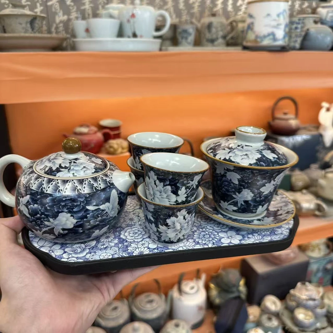 友名 复古青花三才盖碗+复古青花西施壶+4杯-带盘-0067