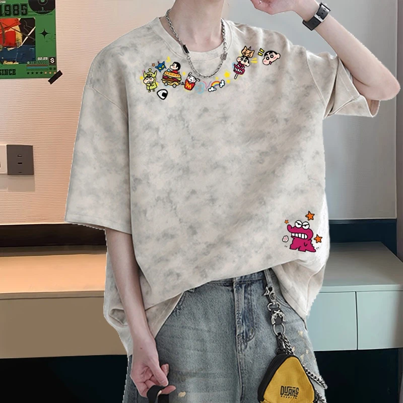 美式复古扎染纯棉短袖t恤男女同款宽松大码上衣潮牌卡通情侣半袖