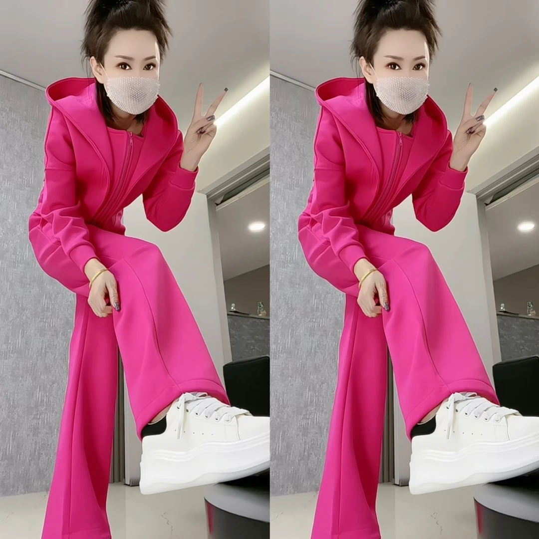 休闲运动套装2025秋季新款时尚连帽卫衣外套阔腿裤个性洋气两件套