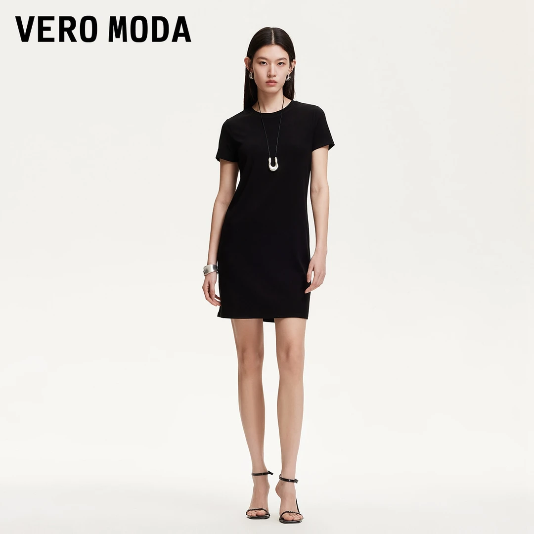 Vero Moda连衣裙女春游出行纯色圆领短袖连衣裙通勤325161029