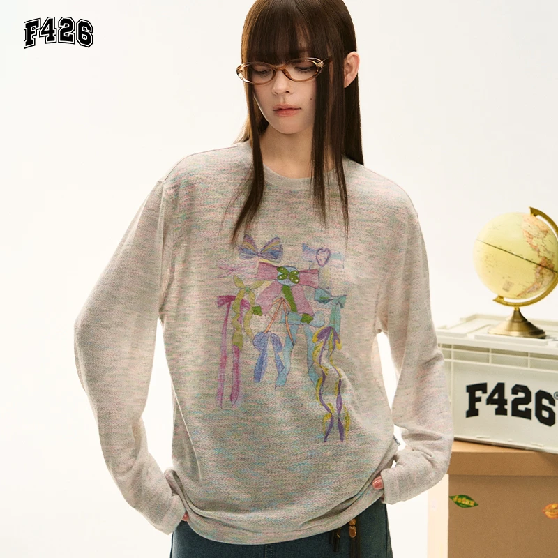 F426国潮夏季新款彩纱蝴蝶结罩衫长袖T恤薄款时尚穿搭针织衫6514