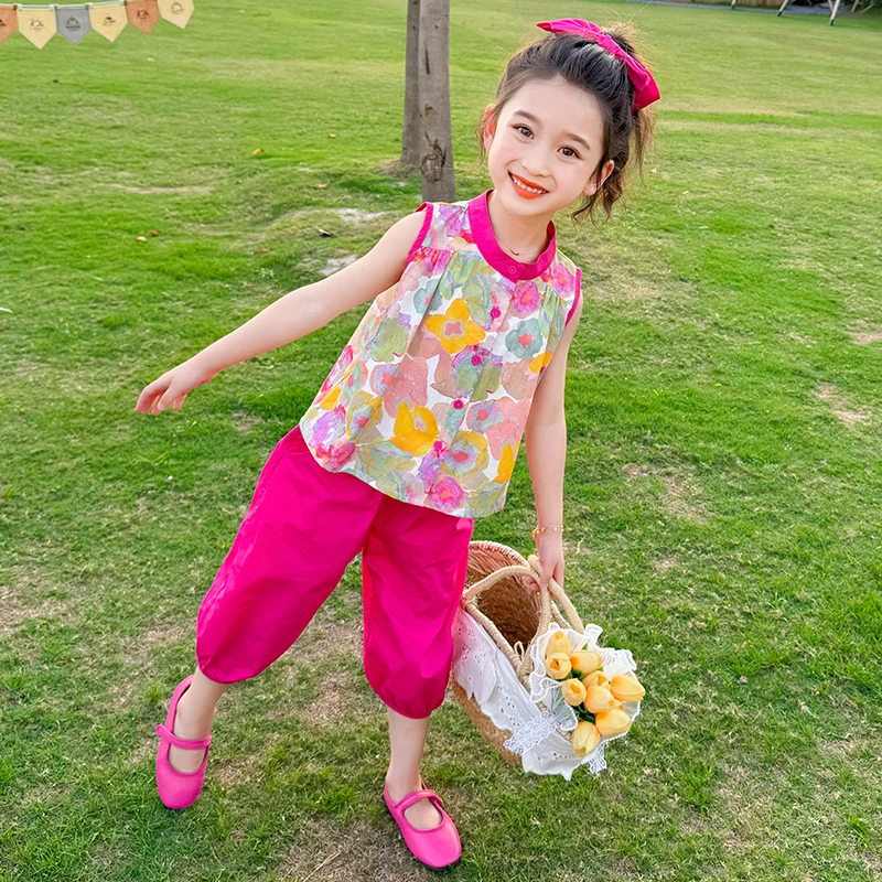 女童套装夏季2025新款儿童洋气时髦花朵无袖背心宝宝束脚裤两件套