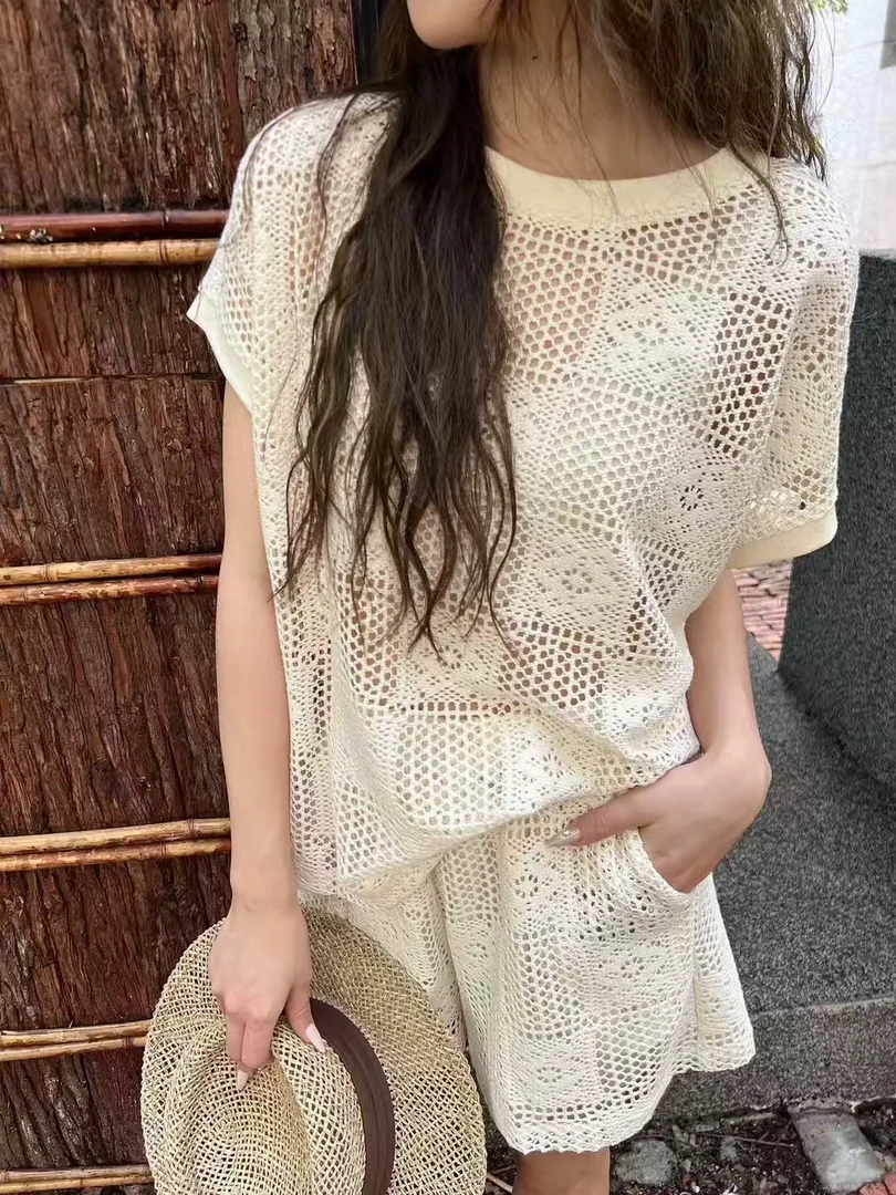 欧洲站2025新款南油欧货设计感镂空钩花短袖T恤家+短裤女套装显瘦