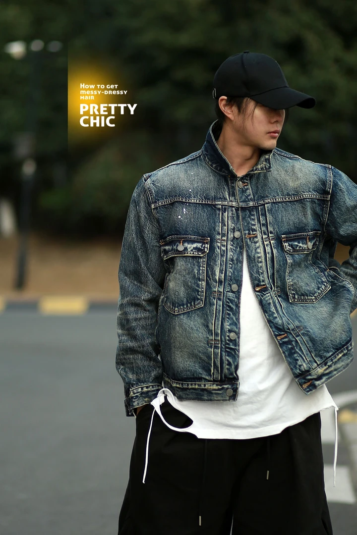 时尚美式潮流中短款重工重磅牛仔硬派外套