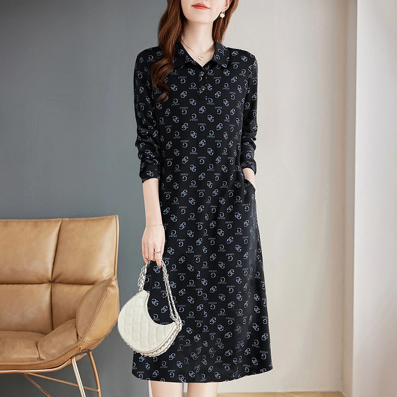 Polo领印花长袖连衣裙女秋季新款胖mm大码宽松遮肚子显瘦直筒裙子