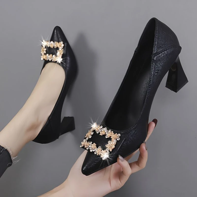 单鞋女2025年夏季新款秋季尖头粗跟工作鞋黑色职业休闲女鞋