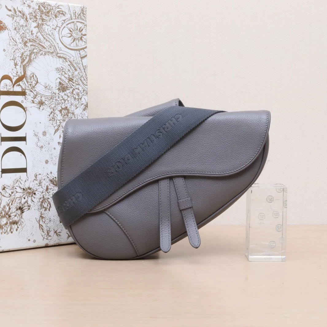 95新 DIOR/迪奥 花花SADDLE 马鞍 胸包 灰色 皮革C 银扣 2019