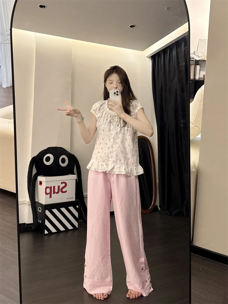 【DMXJ大梦想家】甜美少女碎花睡衣女装夏季新款条纹长裤居家服套装