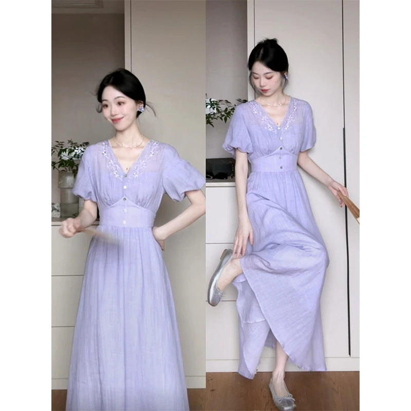 parkyeon夏季新款短袖v领连衣裙女新中式温柔气质高级感茶歇裙子