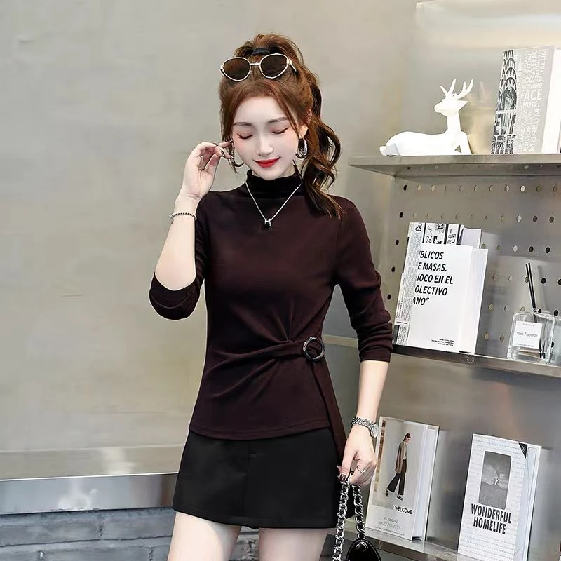 8025款修身型系带短袖长袖女常规常规款T恤抗皱绑带半高领
