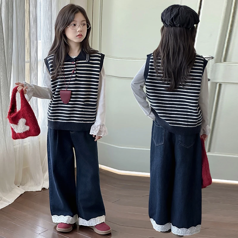 女童套装2025春秋新款学院风条纹针织马甲中大童韩系三件套秋装潮