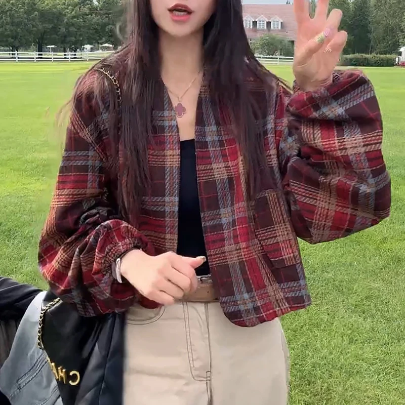 韩版百搭宽松休闲红色格子牛仔外套女2025春秋季新款短款开衫上衣