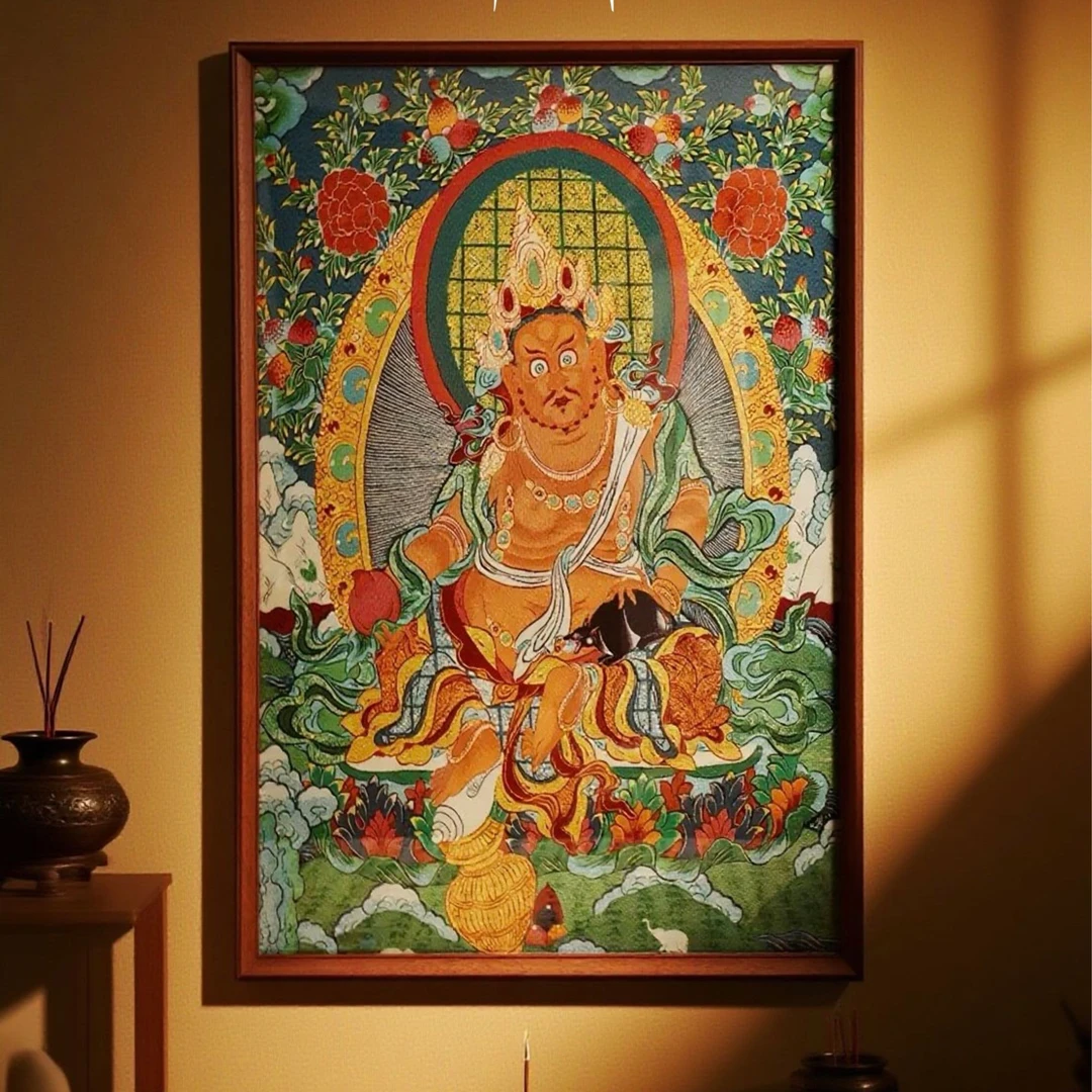 刺绣唐卡【黄财神 彩色】挂画茶室 书房 装饰画（含框长90cm-宽70cm）