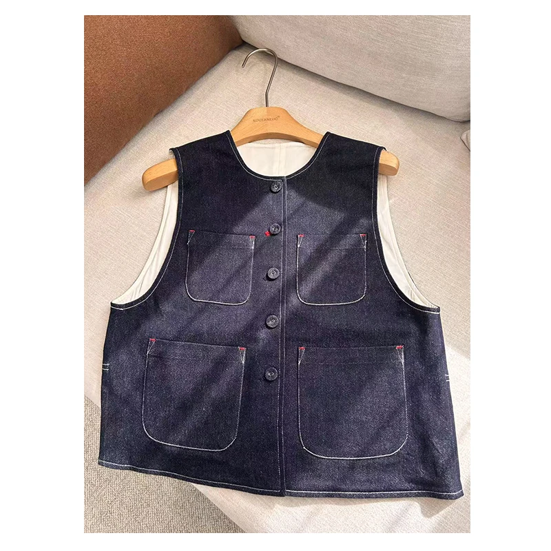 【春季穿搭】复古文艺时髦藏青马甲女立体剪裁无袖休闲马夹D25044