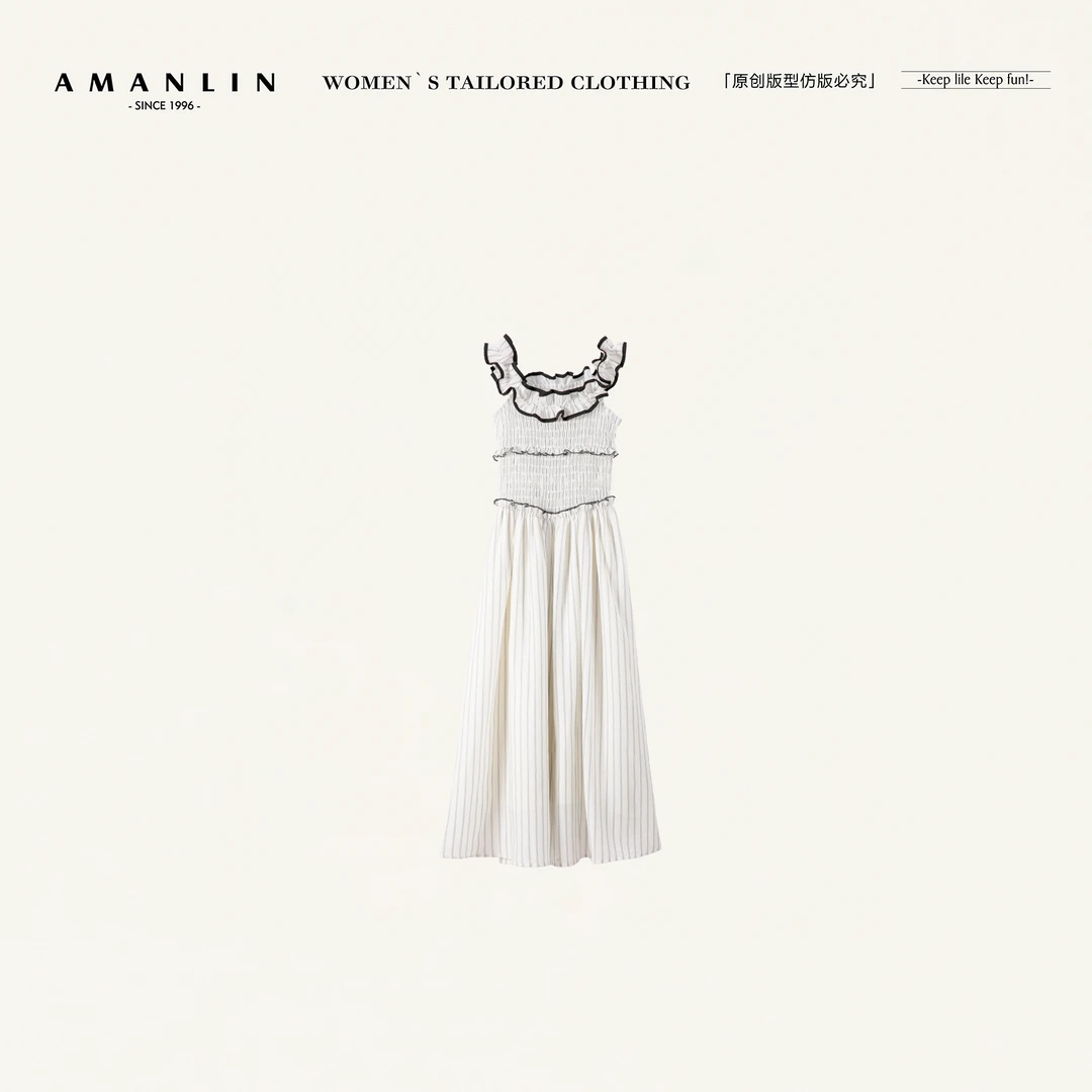 AMANLIN/阿谩琳欧若风条纹木耳边背心女装夏季法式连衣裙Y598976