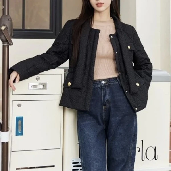 玲姐定制-小香风休闲百搭收腰按扣小个子短款气质羽绒服352655